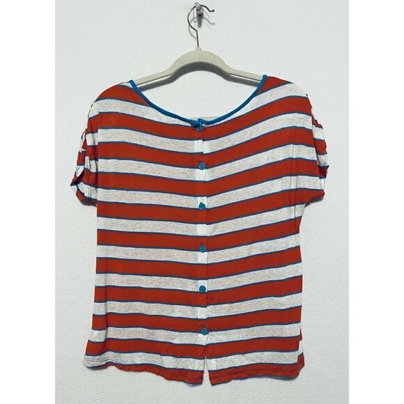 Pleione Womens Striped Top Button Back Closure Orange Scoop Neck Boho Large - Picture 4 of 8